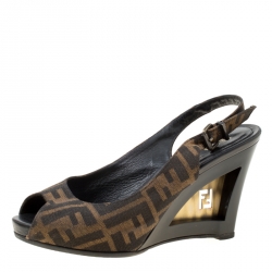 Pre Owned Fendi Brown Zucca Canvas Slingback Wedge Sandals Size 37
