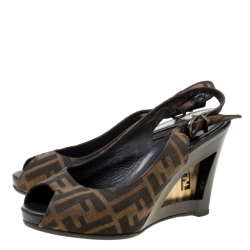 Pre Owned Fendi Brown Zucca Canvas Slingback Wedge Sandals Size 37