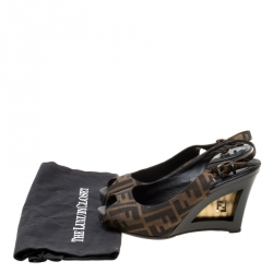 Pre Owned Fendi Brown Zucca Canvas Slingback Wedge Sandals Size 37