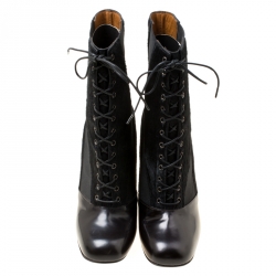 Pre Owned Fendi Monochrome Calf Hair and Leather Lace Up Calf Boots Size 38.5