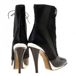Pre Owned Fendi Monochrome Calf Hair and Leather Lace Up Calf Boots Size 38.5