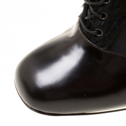 Pre Owned Fendi Monochrome Calf Hair and Leather Lace Up Calf Boots Size 38.5