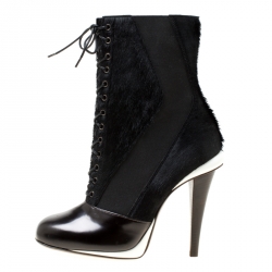 Pre Owned Fendi Monochrome Calf Hair and Leather Lace Up Calf Boots Size 38.5