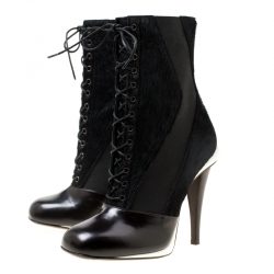 Pre Owned Fendi Monochrome Calf Hair and Leather Lace Up Calf Boots Size 38.5