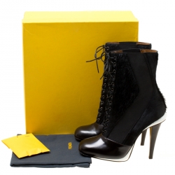 Pre Owned Fendi Monochrome Calf Hair and Leather Lace Up Calf Boots Size 38.5