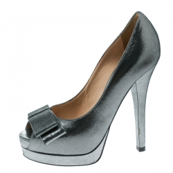 Pre Owned Fendi Grey Shimmering Suede Deco Bow Peep Toe Platform Pumps Size 36