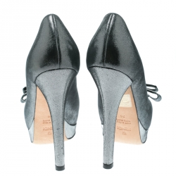 Pre Owned Fendi Grey Shimmering Suede Deco Bow Peep Toe Platform Pumps Size 36