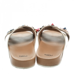 Pre Owned Fendi Beige Patent Leather Flower & Stud-Embellished Slide Sandals Size 39