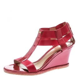 Fendi Metallic Pink Leather T-Strap Espadrille Wedge Sandals Size 40