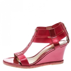 Fendi Metallic Pink Leather T-Strap Espadrille Wedge Sandals Size 40