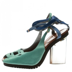 Pre Owned Fendi Green Leather Ankle Strap Plexi Heel Sandals 38.5