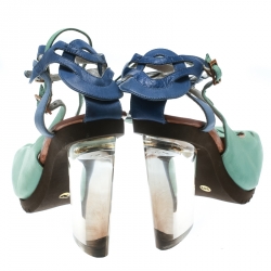 Pre Owned Fendi Green Leather Ankle Strap Plexi Heel Sandals 38.5