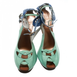 Pre Owned Fendi Green Leather Ankle Strap Plexi Heel Sandals 38.5