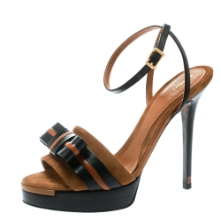 Pre Owned Fendi Brown Suede and Leather Bow Detail Platform Sandals Size 36.5