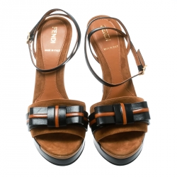 Pre Owned Fendi Brown Suede and Leather Bow Detail Platform Sandals Size 36.5