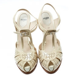 Pre Owned Fendi White Leather Ankle Strap Platform Sandals Size 39.5