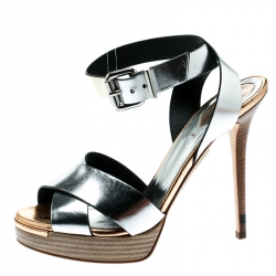 Pre Owned Fendi Metallic Silver Leather Cross Strap Platform Sandals Size 39
