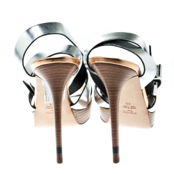 Pre Owned Fendi Metallic Silver Leather Cross Strap Platform Sandals Size 39