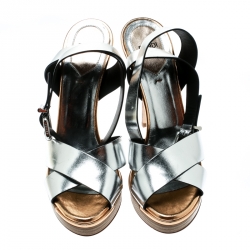 Pre Owned Fendi Metallic Silver Leather Cross Strap Platform Sandals Size 39