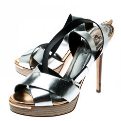 Pre Owned Fendi Metallic Silver Leather Cross Strap Platform Sandals Size 39