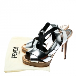 Pre Owned Fendi Metallic Silver Leather Cross Strap Platform Sandals Size 39