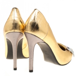 Pre Owned Fendi Metallic Gold Leather Monster Eyes Pumps Pointed Toe Size 39 