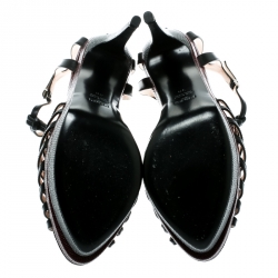 Pre Owned صندل فندي سير T مقدمة مفتوحة سيور نعل سميك نقش سحلية مع جلد ثلاثي اللون مقاس 38