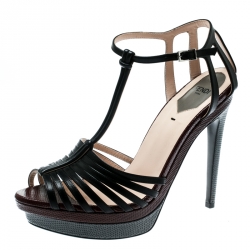 Pre Owned صندل فندي سير T مقدمة مفتوحة سيور نعل سميك نقش سحلية مع جلد ثلاثي اللون مقاس 38