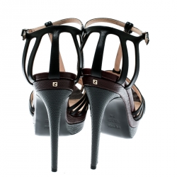 Pre Owned صندل فندي سير T مقدمة مفتوحة سيور نعل سميك نقش سحلية مع جلد ثلاثي اللون مقاس 38