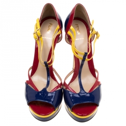 Pre Owned Fendi Multicolor Patent Leather Peep Toe T-Strap Sandals Size 40