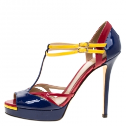 Pre Owned Fendi Multicolor Patent Leather Peep Toe T-Strap Sandals Size 40