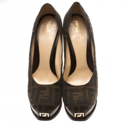 Pre Owned Fendi Tobacco Zucca Canvas Fendista Platform Pumps Size 40