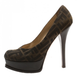 Pre Owned Fendi Tobacco Zucca Canvas Fendista Platform Pumps Size 40