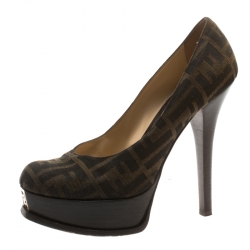 Pre Owned Fendi Tobacco Zucca Canvas Fendista Platform Pumps Size 40