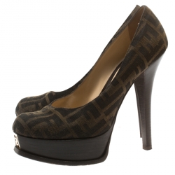 Pre Owned Fendi Tobacco Zucca Canvas Fendista Platform Pumps Size 40