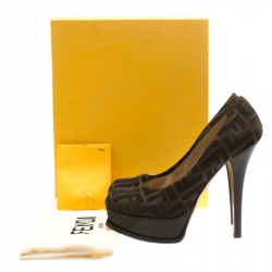 Pre Owned Fendi Tobacco Zucca Canvas Fendista Platform Pumps Size 40