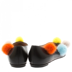 Pre Owned Fendi Black Leather And Mink Fur Pom Pom Ballerina Flats Size 37.5