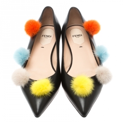 Pre Owned Fendi Black Leather And Mink Fur Pom Pom Ballerina Flats Size 37.5