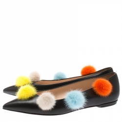 Pre Owned Fendi Black Leather And Mink Fur Pom Pom Ballerina Flats Size 37.5