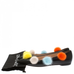 Pre Owned Fendi Black Leather And Mink Fur Pom Pom Ballerina Flats Size 37.5