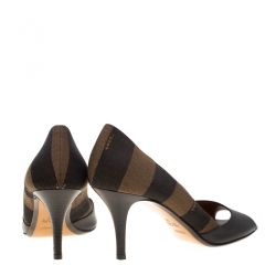 Pre Owned Fendi Black Leather and Striped Canvas Pequin Open Toe Pumps Size 39