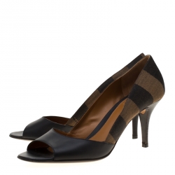 Pre Owned Fendi Black Leather and Striped Canvas Pequin Open Toe Pumps Size 39