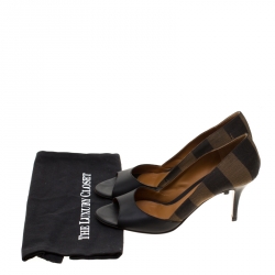 Pre Owned Fendi Black Leather and Striped Canvas Pequin Open Toe Pumps Size 39