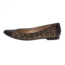 Pre Owned Fendi Brown Zucchino Leather and Canvas Ballet Flats Size 38