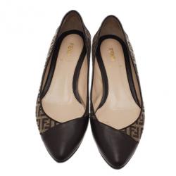 Pre Owned Fendi Brown Zucchino Leather and Canvas Ballet Flats Size 38