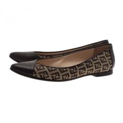 Pre Owned Fendi Brown Zucchino Leather and Canvas Ballet Flats Size 38