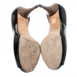 Pre Owned Fendi Black Patent Leather Zucca Print Heel Peep Toe Platform Pumps Size 35.5