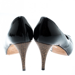 Pre Owned Fendi Black Patent Leather Zucca Print Heel Peep Toe Platform Pumps Size 35.5
