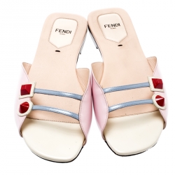 Pre Owned Fendi Light Pink Leather Open Toe Flat Slides Size 38