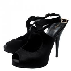 Pre Owned Fendi Black Suede Slingback Peep Toe Platform Sandals Size 39